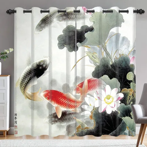 Vista 14 de Renaiss Cortinas de carpa para ventana, 29 pulgadas de ancho x 45 pulgadas de alto, pintura de tinta oriental, hojas de loto, lirio de agua negro