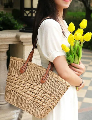 Vista 2 de Bolso Hobo de paja para mujer, bolso de hombro tejido, bolso grande para viajes de verano, playa, bolso hecho a mano