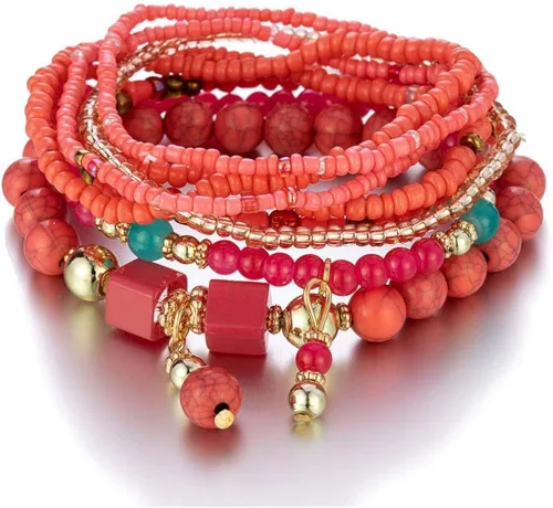 Vista 5 de Caiyao Juego de pulseras de cuentas apilables de estilo bohemio, juego de pulseras elásticas multicapa, juego de joyas multicolor, pulseras con dije