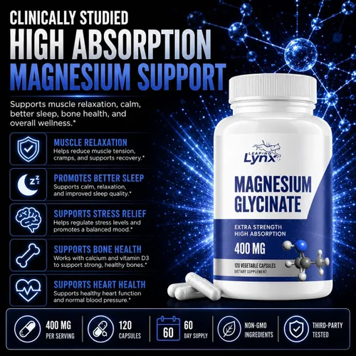 Vista 5 de Glicinato de magnesio 400 mg – Magnesio quelado de alta absorción, extra fuerte 120 cápsulas (suministro para 60 días) Calma, recuperación