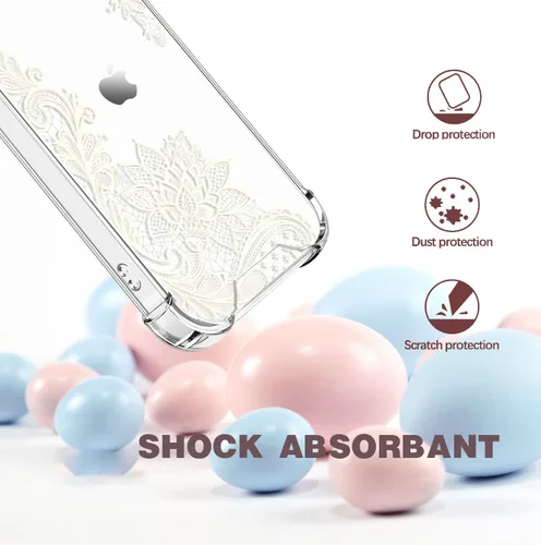 Vista 5 de Funda de cristal para iPhone 11 Pro (2019) de 5.8 pulgadas, bonita funda protectora transparente, diseño floral de encaje blanco [no amarillento]