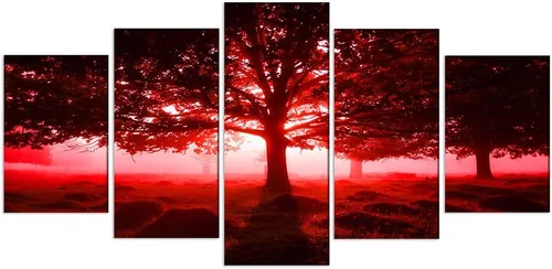Vista 2 de Ephany Arte moderno de pared de árbol rojo, impresión en lienzo de paisaje, 80 x 40 pulgadas (5 piezas) para decoración de sala de estar