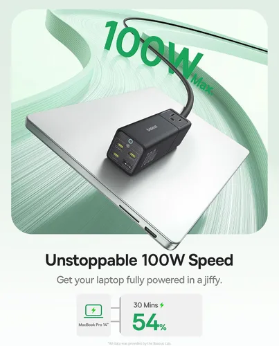 Vista 4 de Baseus Estación de carga 100W, tira de alimentación de viaje 5 en 1 con cargador USB C, con cable de extensión desmontable de 5 pies, enchufe plano