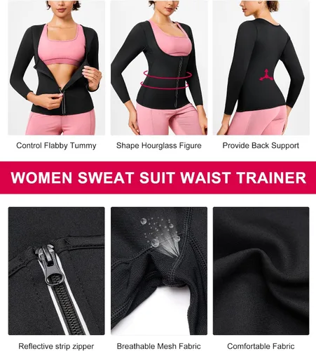 Vista 3 de Gotoly Mujer cintura entrenador caliente neopreno camisa sauna traje sudor cuerpo moldeador chaqueta superior cremallera manga larga