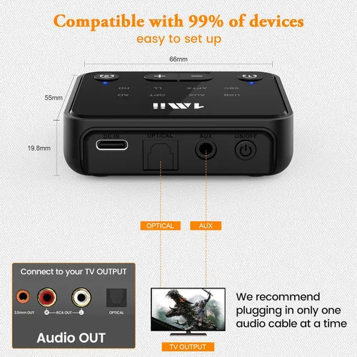 Vista 6 de 1Mii Transmisor Bluetooth 5.3 para TV a 2 auriculares inalámbricos, adaptador Bluetooth de largo alcance de 100 pies para TV aptX Adaptive y control