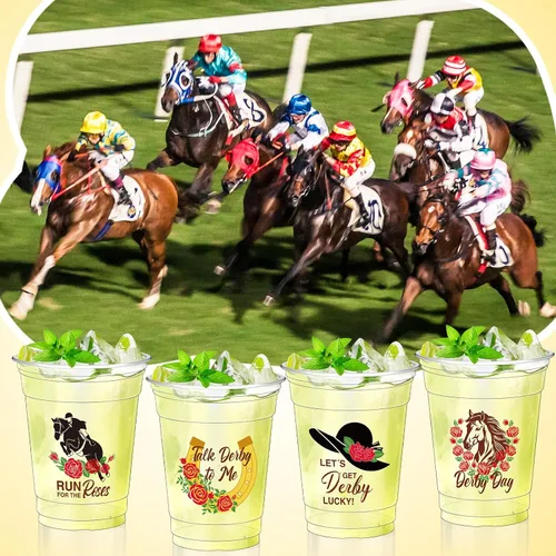 Vista 4 de Sliner 48 vasos de plástico desechables Derby a granel de 12 onzas transparentes para fiestas de carreras de caballos para beber vasos de plástico