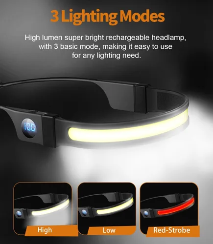 Vista 4 de Linterna frontal recargable, luz LED de haz ancho de 230° de 1500 lm con pantalla digital de batería, linterna impermeable para camping, senderismo