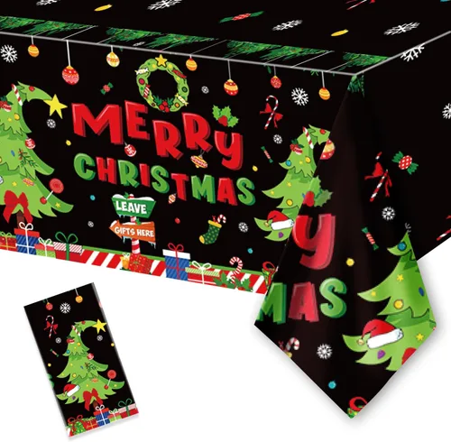 Vista 8 de 2 piezas de manteles desechables de Navidad, 108" x 54" rectangulares de plástico impermeable con patrones novedosos de calcetín navideño, corona