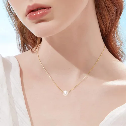 Vista 3 de Collar de perlas de oro amarillo de 14 quilates para mujer, cadena duradera de oro real con colgante de perla cultivada individual, regalo