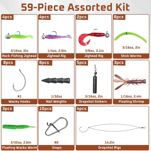 Vista 5 de Kit de caja de aparejos, sistema de 5 aparejos pre-aparejos para pesca de lubina Rock-Fishing, Jigheads, Neko, Wacky, Dropshot Rigs, 59 Piezas