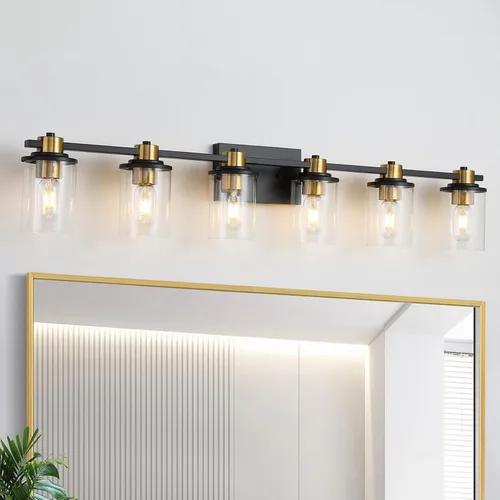 Vista 12 de LOUSACE Lámpara de baño negra y dorada, 3 luces de tocador de baño, moderna luz de baño sobre espejo con pantallas de vidrio transparente, enchufe