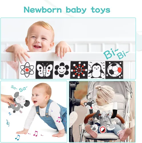 Vista 6 de Juguetes para bebés en blanco y negro de alto contraste, juego de 3 piezas esenciales para recién nacidos con juguetes colgantes, sonajero móvil