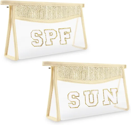 Vista 18 de Iqimott 2 bolsas de maquillaje con parches transparentes, bolsa de letras boho para nadar en la playa, bolsas de maquillaje impermeables