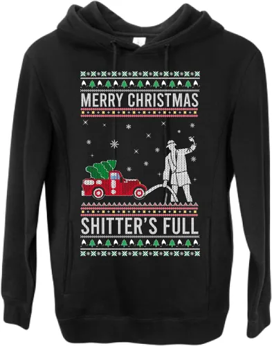 Vista 4 de Wild Bobby Sudadera con gráfico de cuello redondo con texto en inglés "Merry Christmas Shitter's Full Funny Ugly Christmas" Negro (black Hoodie)