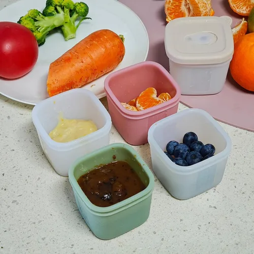 Vista 3 de Recipientes de silicona para alimentos para bebés, tarros reutilizables de almacenamiento de alimentos para bebés de 4 onzas con tapas, perfectos