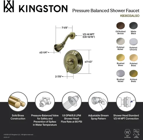 Vista 4 de Kingston Brass KB3633ALSO - Grifo de ducha de restauración, latón antiguo, 7,13 x 7,5 x 7,5