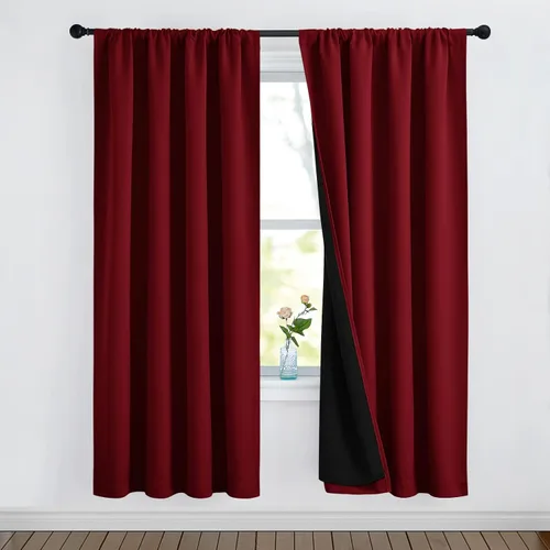 Vista 109 de NICETOWN Biscotti Beige 100% Cortinas opacas de 45" de largo para cocina, bolsillo con varilla para sótano completamente opaco, cortinas térmicas