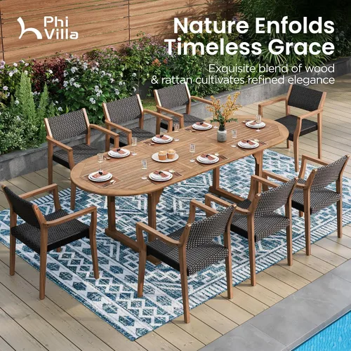 Vista 4 de PHI VILLA Juego de 2 sillas de madera de acacia para exteriores, sillones de comedor resistentes con respaldo y asiento de mimbre, muebles