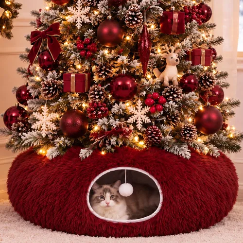 Vista 18 de Túnel de árbol de Navidad para gatos de 36 pulgadas, cama de dona, blanco