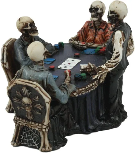 Vista 3 de Ebros Gambling Casino Poker for Eternity Skeleton Dealer with Players at Table Figurine 6.25" Long Osario Macabra Halloween Escultura decorativa