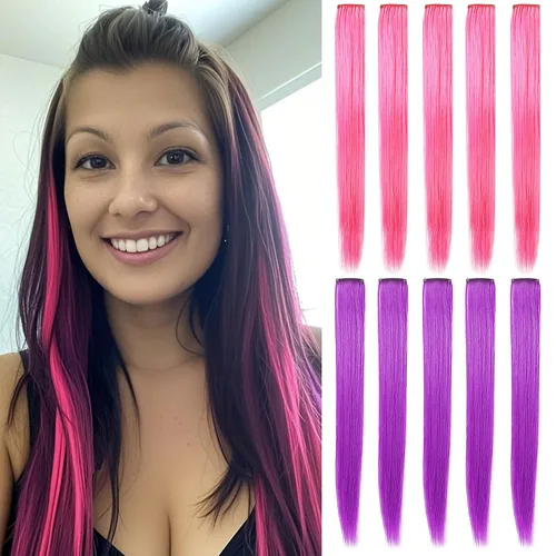 Vista 11 de 12 extensiones de cabello de colores rectas de 20 pulgadas, extensiones de cabello sintético con clip, color arcoíris, con reflejos, para fiesta