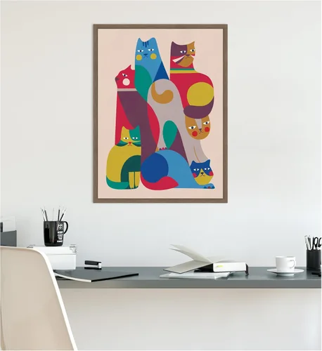 Vista 4 de Kate and Laurel Lienzo enmarcado para pared, diseño de gatos abstractos retro modernos 02 por Rachel Lee de 18 x 24 pulgadas, marco de nogal Sylvie