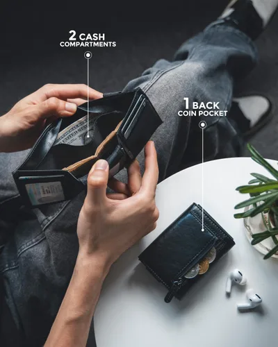 Vista 4 de VULKIT Cartera minimalista de cuero con bloqueo RFID triple con banda elástica, soporte delgado para tarjetas de crédito con 3 ventanas