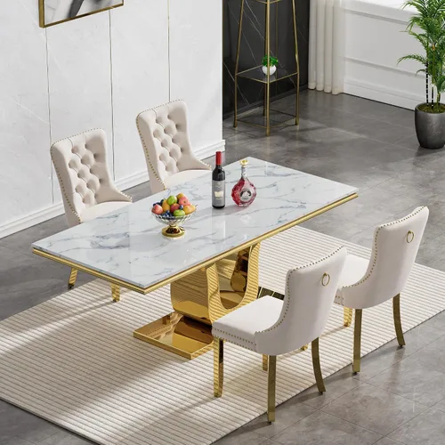 Vista 2 de Juego de 4 mesas de comedor blancas y doradas, mesa de cocina rectangular de 68 pulgadas con parte superior de mármol sintético blanco, mesa de Mesa
