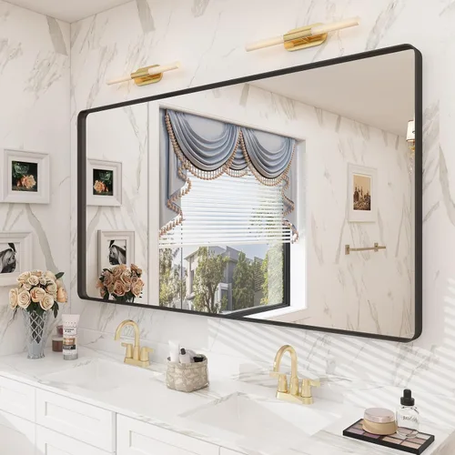 Vista 136 de Paquete de 2 espejos de baño con marco de metal negro de 22 x 30 pulgadas, espejo rectangular redondeado negro mate, antioxidante, se cuelga