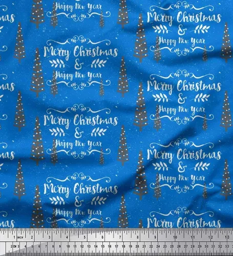 Vista 8 de Tela de algodón azul Soimoi, diseño de árbol de tela de cambric, feliz Navidad y feliz año nuevo, de 42 pulgadas de ancho