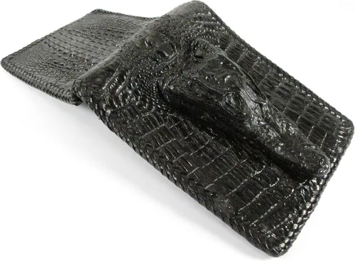 Vista 4 de Pelgio Cartera de cocodrilo genuino con piel de cabeza plegable hecha a mano Negro