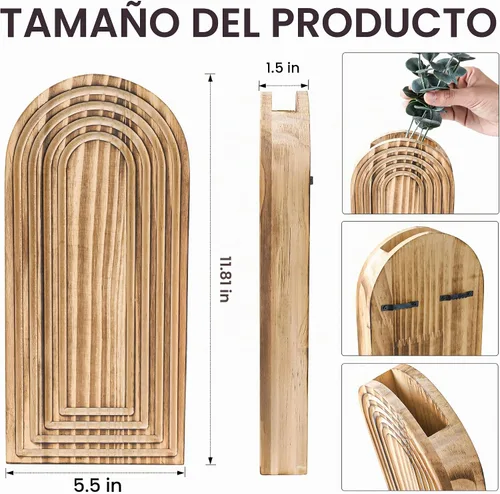Vista 4 de DREAMLOOM Paquete de 2 jarrones de pared de madera con plantas artificiales de eucalipto, macetas para colgar en la pared, estilo bohemio y moderno