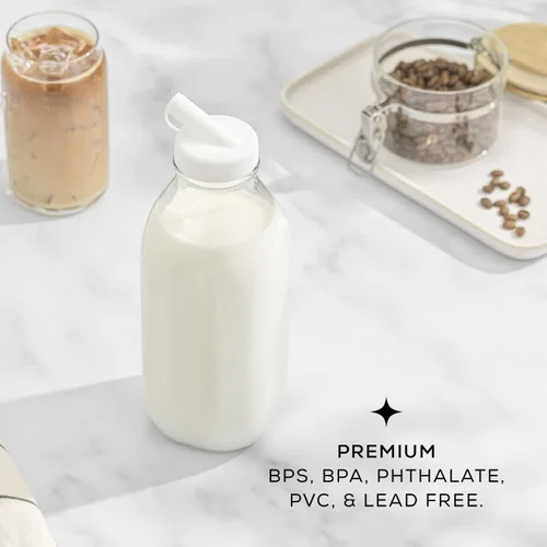 Vista 3 de JoyJolt Botellas de leche de vidrio con tapas y vertedor – 32 onzas, paquete de 3 botellas de vidrio reutilizables, herméticas, sin BPA, de grado
