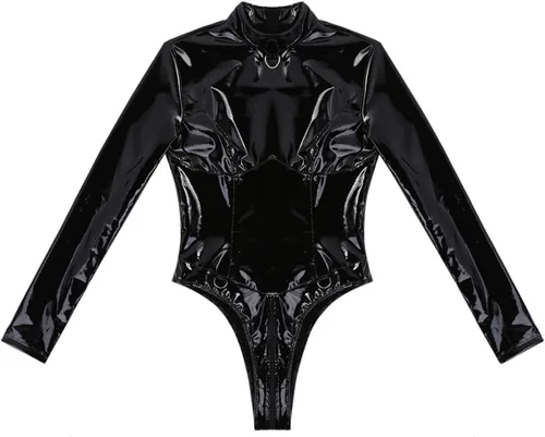 Vista 5 de YiZYiF Leotardo de manga larga de cuero de PVC para mujer, con cremallera en la entrepierna