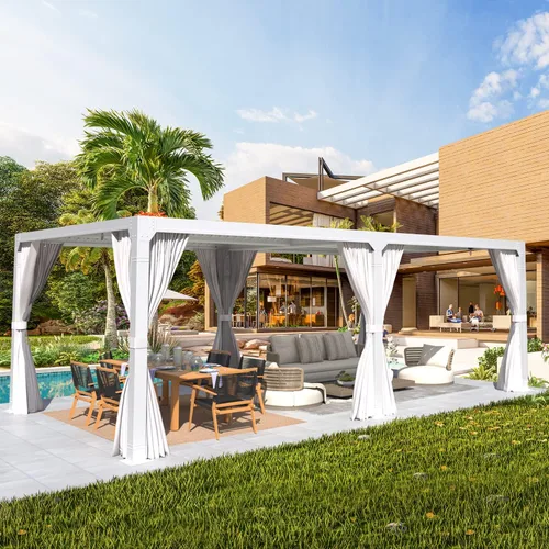 Vista 2 de MELLCOM Pérgola con listones de 10x20 con techo ajustable con cortinas y Blanco
