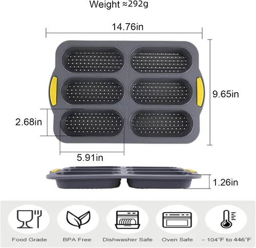 Vista 2 de Molde de silicona para pan de 6 cavidades, molde de pan de masa madre antiadherente y resistente al calor para baguette, moldes de pan para pan
