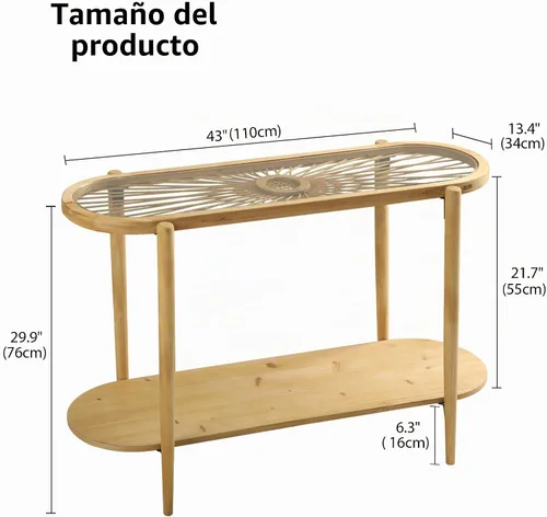 Vista 2 de RUSTOWN Mesa consola de ratán, mesa de entrada bohemia de 2 niveles con parte superior de vidrio templado y patas de madera, mesa de sofá moderna