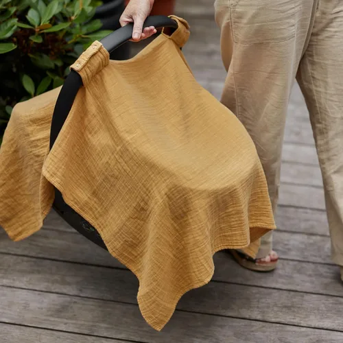 Vista 8 de Funda de asiento de coche para bebé, muselina de algodón orgánico, toldo para asiento de automóvil, 43 x 32 pulgadas (amarillo otoño)