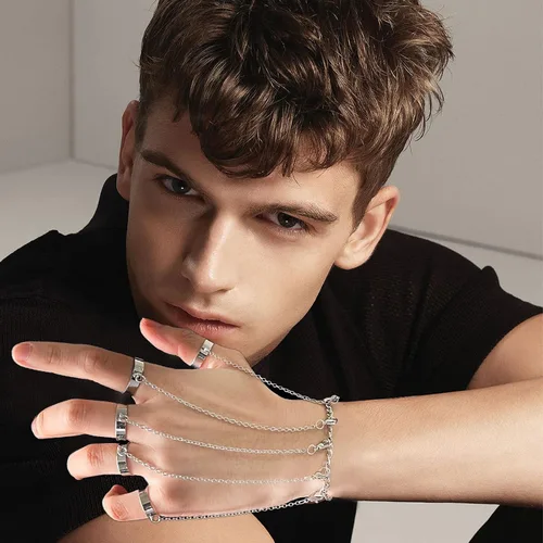 Vista 6 de Long tiantian Pulsera de cadena para dedo, pulsera punk con borla de cadena en capas con anillo de dedo, garras de dedo, brazalete de brazo, joyería