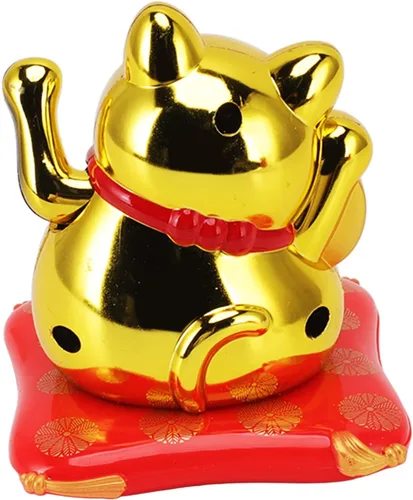 Vista 4 de Adorno de gato de la suerte alimentado por energía solar, gato de la fortuna agitando con cara sonriente, diseño de bolsa de bendición dorada