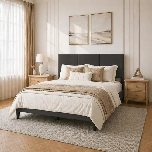 Vista 3 de Marco de cama tamaño Queen con cabecero – Marco de cama de plataforma resistente tapizado con canales verticales acolchados elegante con listones