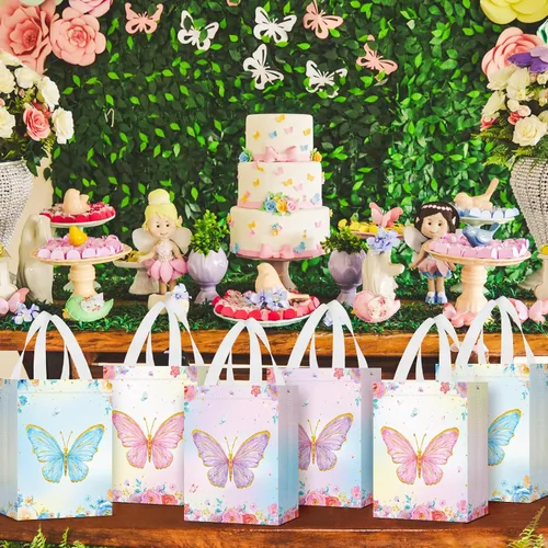 Vista 6 de Locmeo 24 bolsas de favor de fiesta de mariposa con asas, reutilizables, no tejidas, bolsas de dulces de mariposa rosa, azul y morado, bolsa