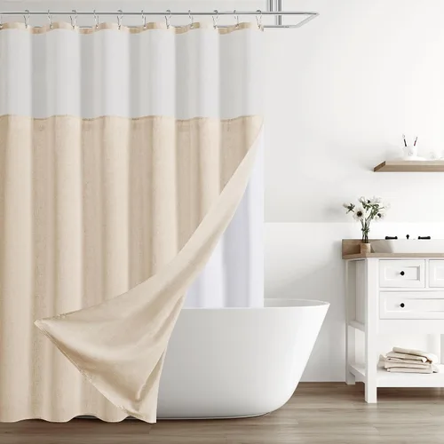Vista 12 de Naturoom Cortina de ducha de lino de 72 pulgadas para baño, color beige y blanco, doble capa