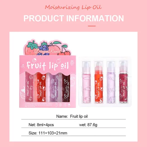 Vista 7 de Juego de 4 brillos de labios enrollables de fruta, brillo de labios transparente, gel de labios líquido, aceite de labios hidratante, no pegajoso