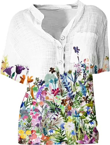 Vista 4 de SMIDOW Blusas de talla grande para mujer, estilo casual, de verano, de lino y algodón, estilo bohemio, estampado floral, con botones
