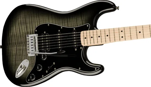 Vista 6 de Guitarra eléctrica Squier Affinity Series Stratocaster FMT, color Black Burst, diapasón de maple Pastillas Hss, cuerpo de álamo con parte superior