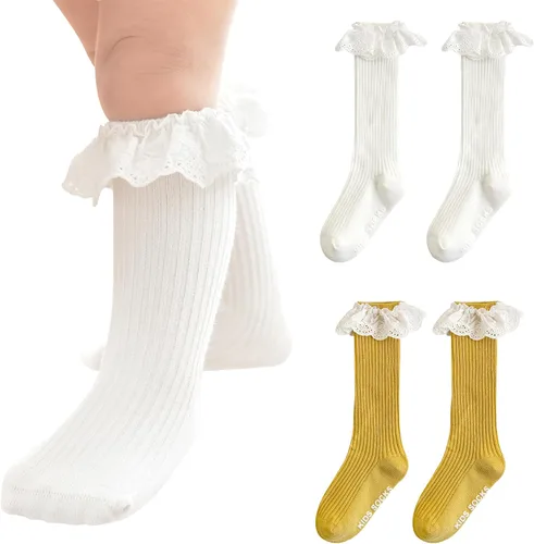 Vista 14 de Calcetines largos con volantes para bebés y niñas de 6 a 12 meses A-encaje-4 Pack