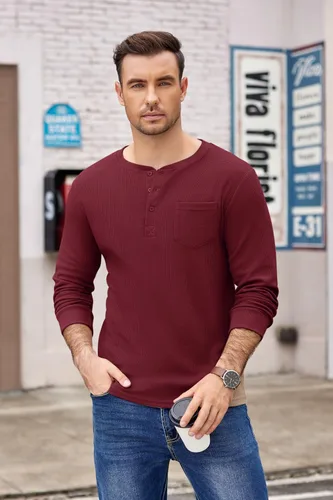 Vista 4 de COOFANDY Camisas Henley de manga larga para hombre con bolsillo