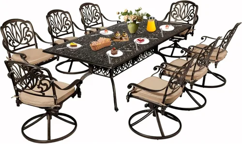 Vista 8 de TITIMO Mesa de comedor de 87 pulgadas, mesa de comedor rectangular de aluminio fundido para exteriores, mesa resistente a la intemperie con agujero