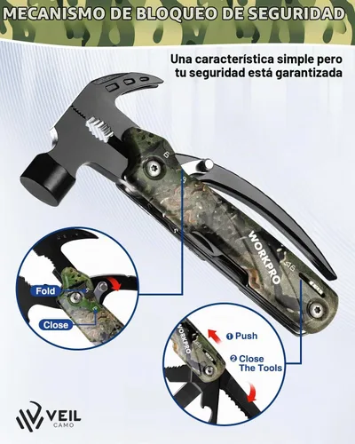 Vista 4 de WORKPRO Multiherramienta-Herramientas de camping 12 en 1 con mini martillo-Equipo EDC herramientas múltiples martillo con bloqueo de seguridad